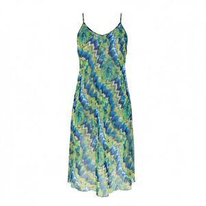 RBR Lime Blue Chevron Floral Artsy Sheer Fairy Tank Lined Midi Dress L New